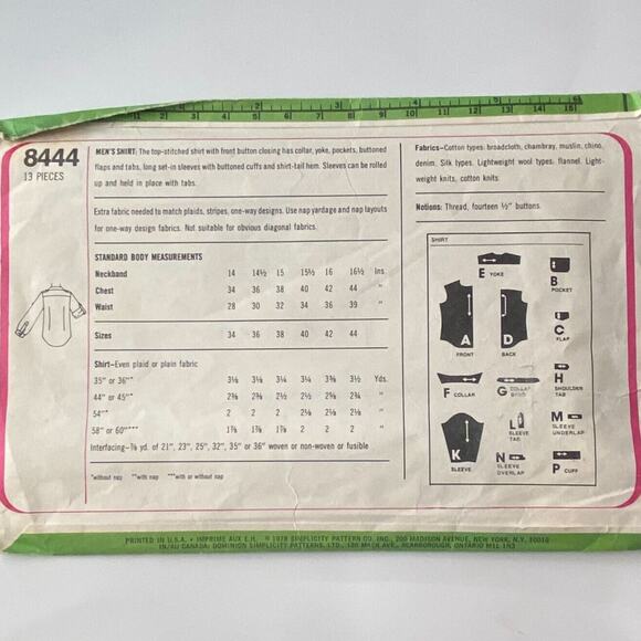 Simplicity 8444 Pattern Top Mens 38 Vintage Full Button Dagger Collar Pocket - Picture 4 of 7